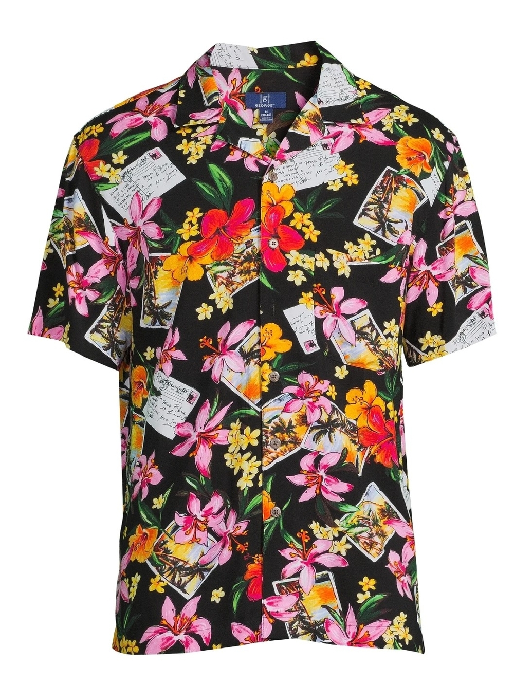 Island-Style Black Floral Short-Sleeve Shirt George Men’s Postcard Button Up